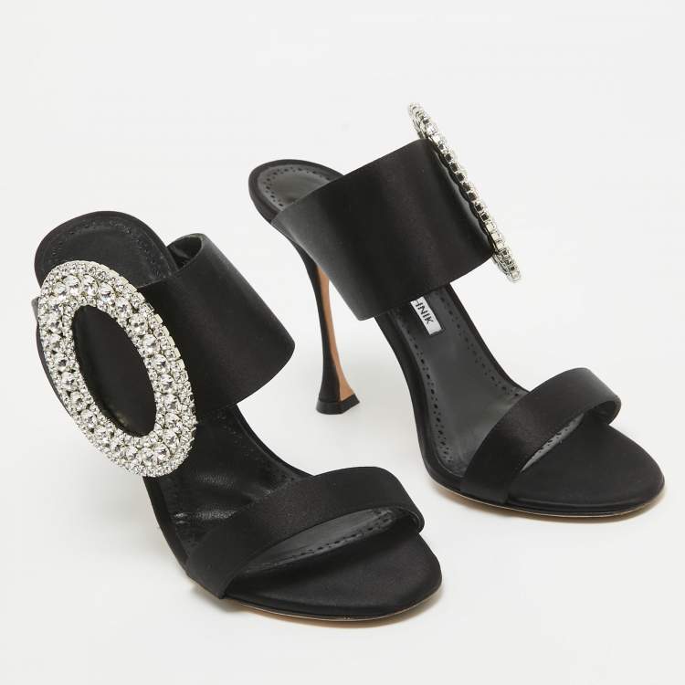 Pre Owned Manolo Blahnik Black Satin Fibiona Slide Sandals Size 40