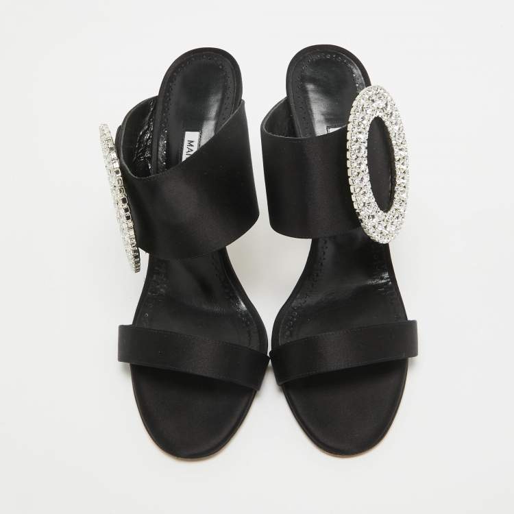Pre Owned Manolo Blahnik Black Satin Fibiona Slide Sandals Size 40
