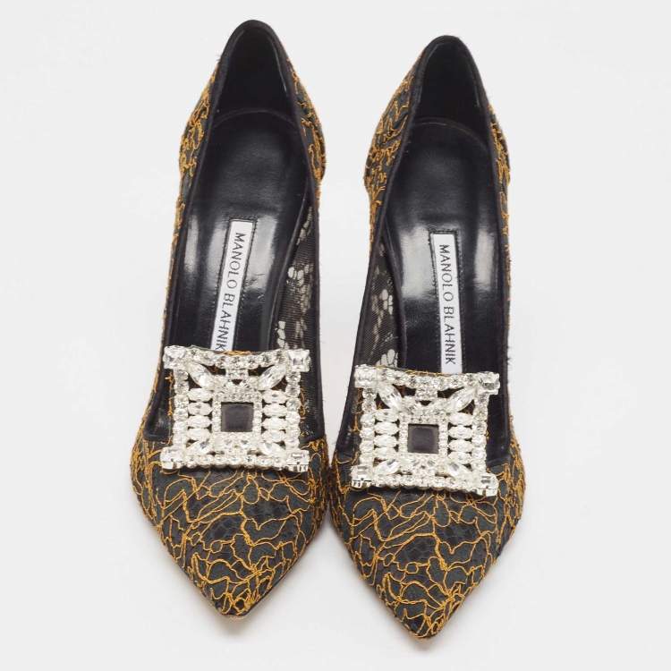 Pre Owned Manolo Blahnik Gold/Black Lace and Mesh Borlak Pumps Size 38