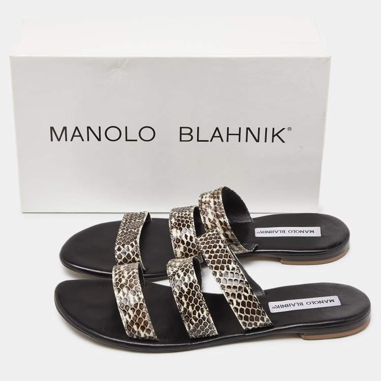 Pre Owned Manolo Blahnik Beige/Brown Python Leather Strappy Flat Sandals Size 40
