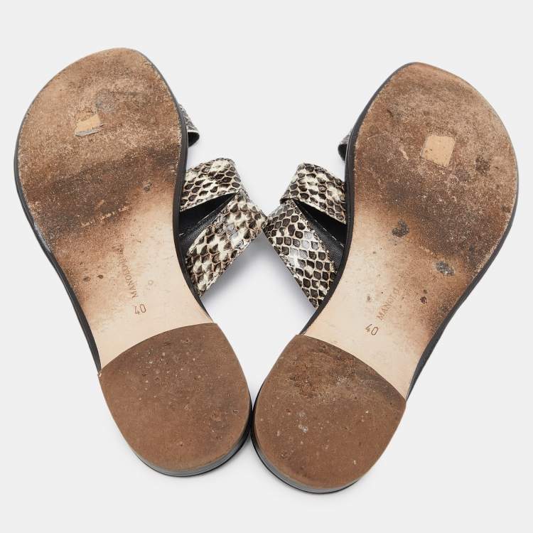 Pre Owned Manolo Blahnik Beige/Brown Python Leather Strappy Flat Sandals Size 40