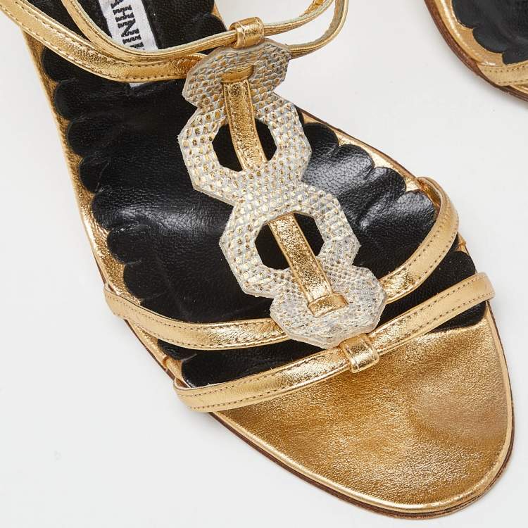 Pre Owned Manolo Blahnik Gold Embossed Leather Ankle Strap Sandals Size 39.5