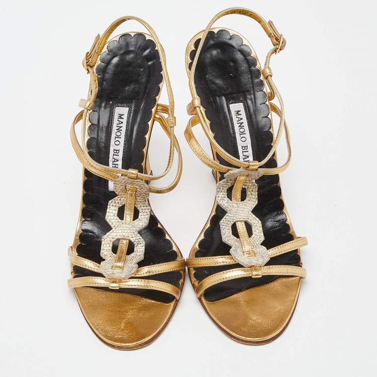 Pre Owned Manolo Blahnik Gold Embossed Leather Ankle Strap Sandals Size 39.5