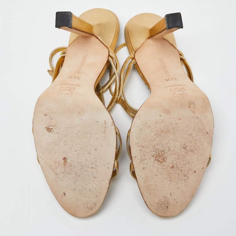 Pre Owned Manolo Blahnik Gold Embossed Leather Ankle Strap Sandals Size 39.5