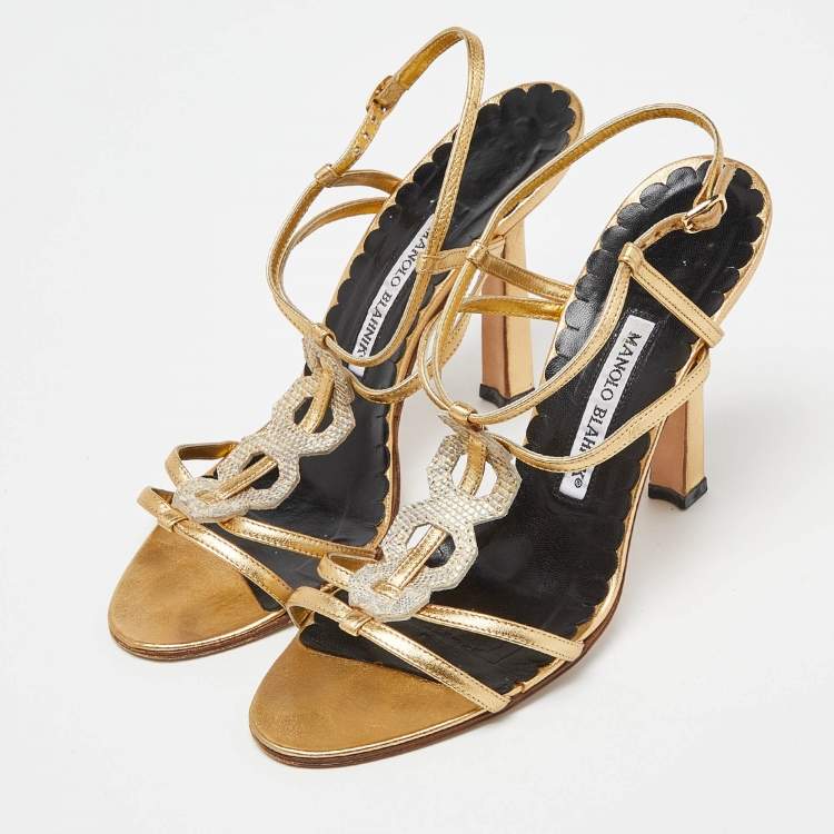 Pre Owned Manolo Blahnik Gold Embossed Leather Ankle Strap Sandals Size 39.5