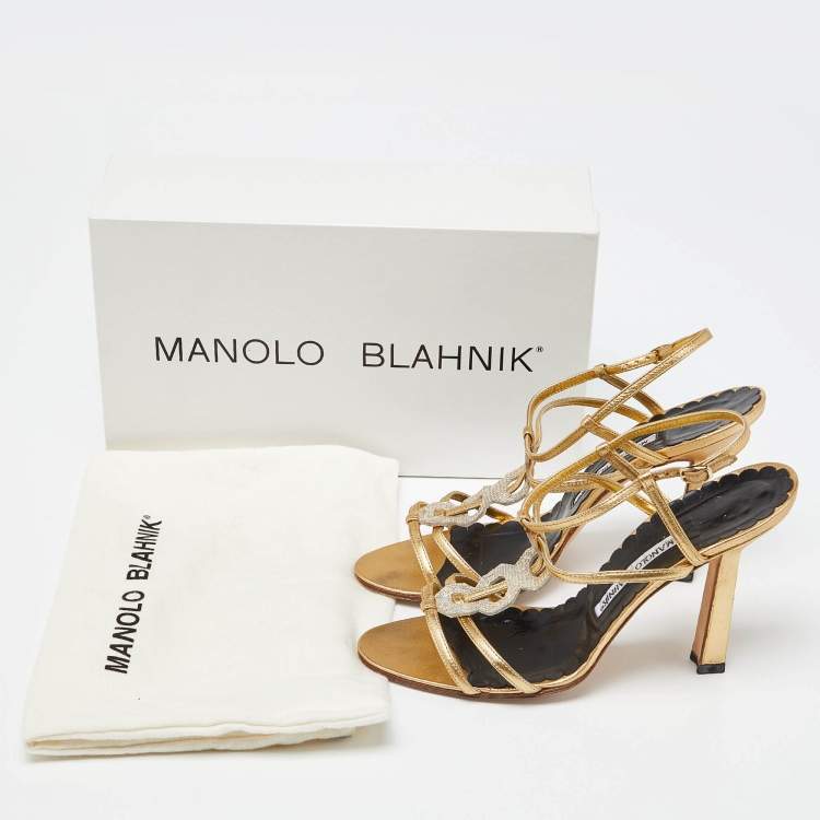 Pre Owned Manolo Blahnik Gold Embossed Leather Ankle Strap Sandals Size 39.5