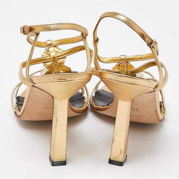 Pre Owned Manolo Blahnik Gold Embossed Leather Ankle Strap Sandals Size 39.5