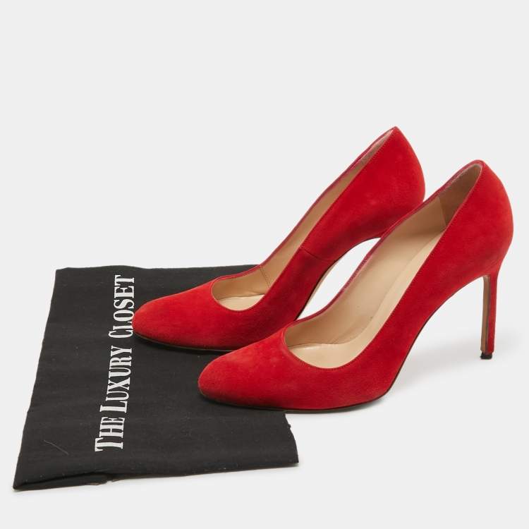 Pre Owned Manolo Blahnik Red Suede Round Toe Pumps Size 37.5