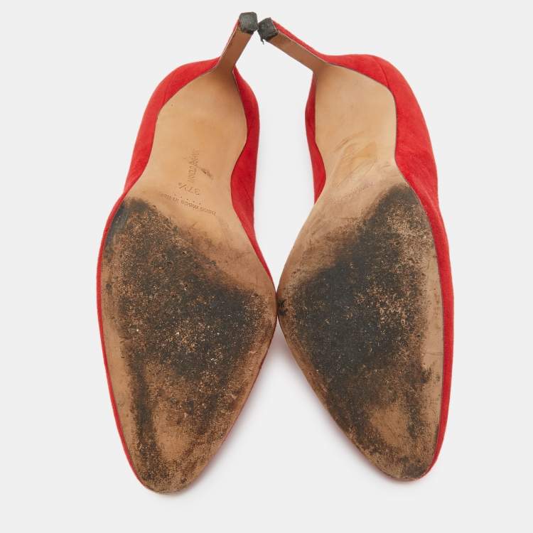 Pre Owned Manolo Blahnik Red Suede Round Toe Pumps Size 37.5