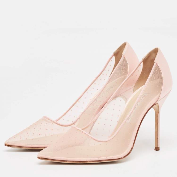 Pre Owned Manolo Blahnik Pink Mesh and Satin Bbla Pointed Toe Pumps Size 38.5