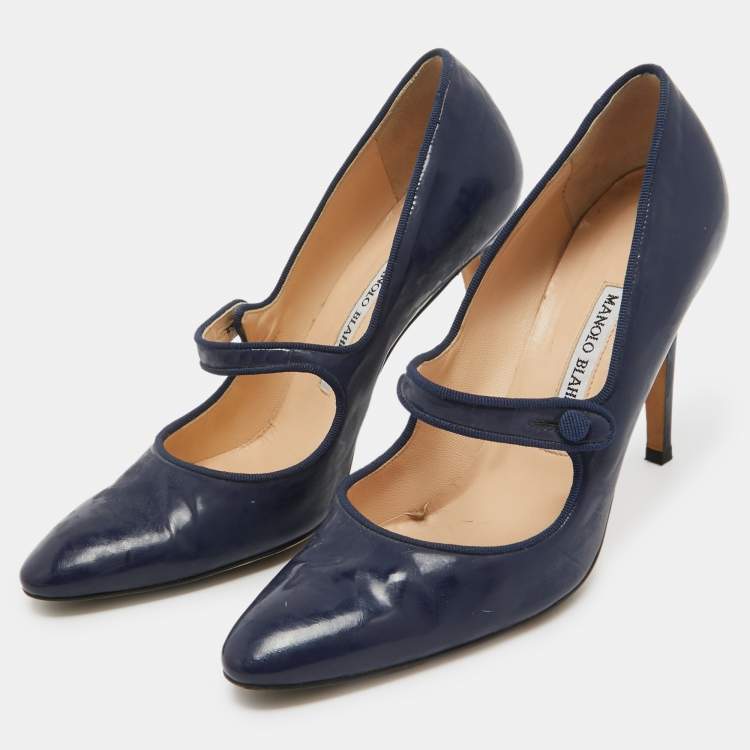 Manolo Blahnik Navy Blue Patent Leather Mary Jane Pumps Size 38 Manolo Blahnik TLC