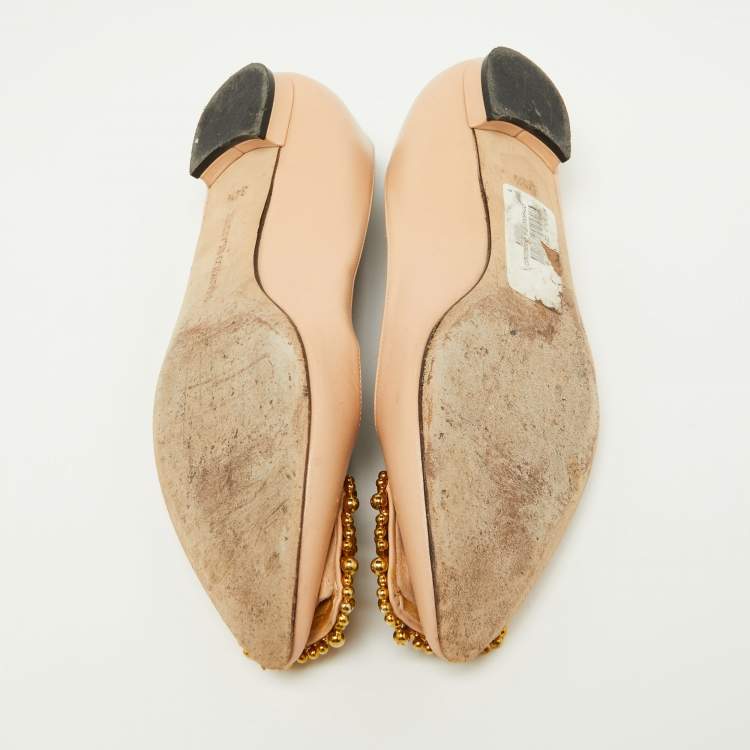 Pre Owned Manolo Blahnik Beige Satin Hangisi Ballet Flats Size 34.5