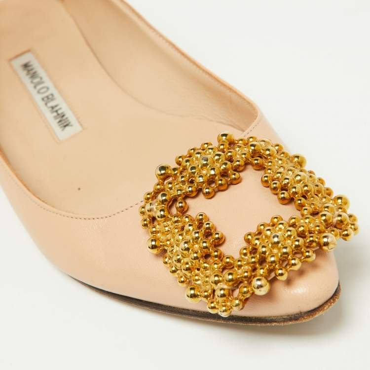 Pre Owned Manolo Blahnik Beige Satin Hangisi Ballet Flats Size 34.5