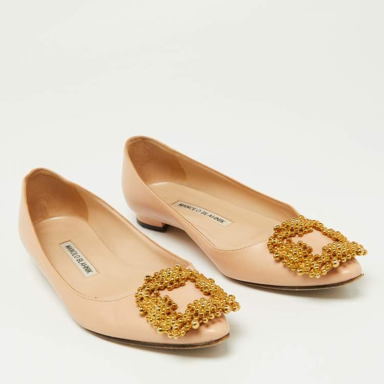 Pre Owned Manolo Blahnik Beige Satin Hangisi Ballet Flats Size 34.5