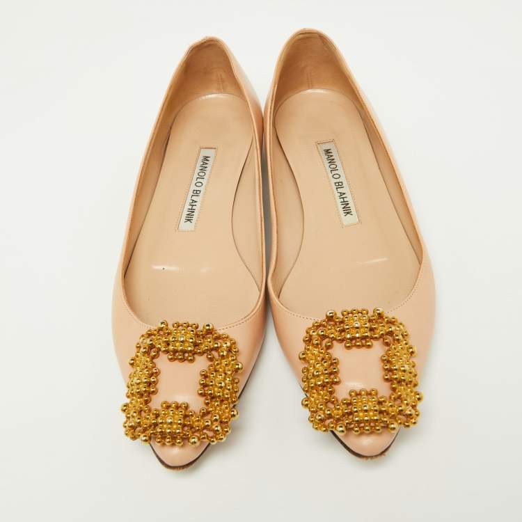 Pre Owned Manolo Blahnik Beige Satin Hangisi Ballet Flats Size 34.5