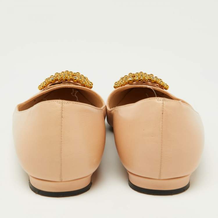 Pre Owned Manolo Blahnik Beige Satin Hangisi Ballet Flats Size 34.5