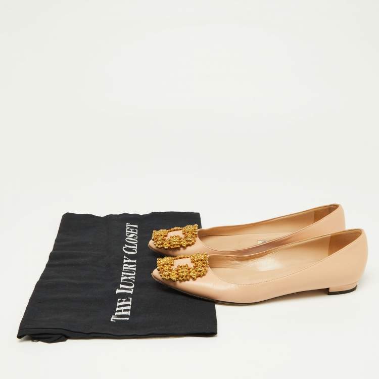 Pre Owned Manolo Blahnik Beige Satin Hangisi Ballet Flats Size 34.5