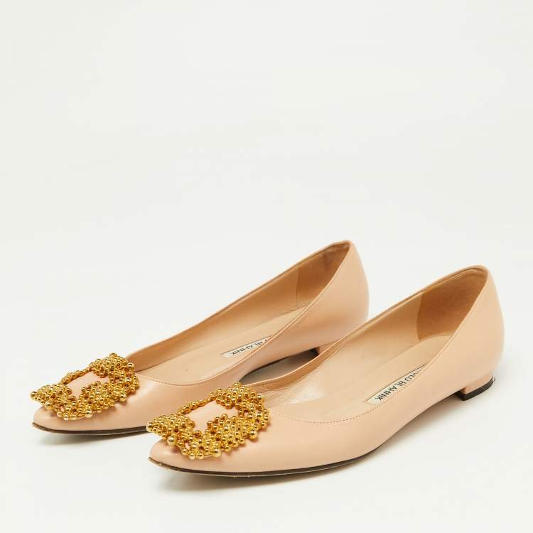 Pre Owned Manolo Blahnik Beige Satin Hangisi Ballet Flats Size 34.5