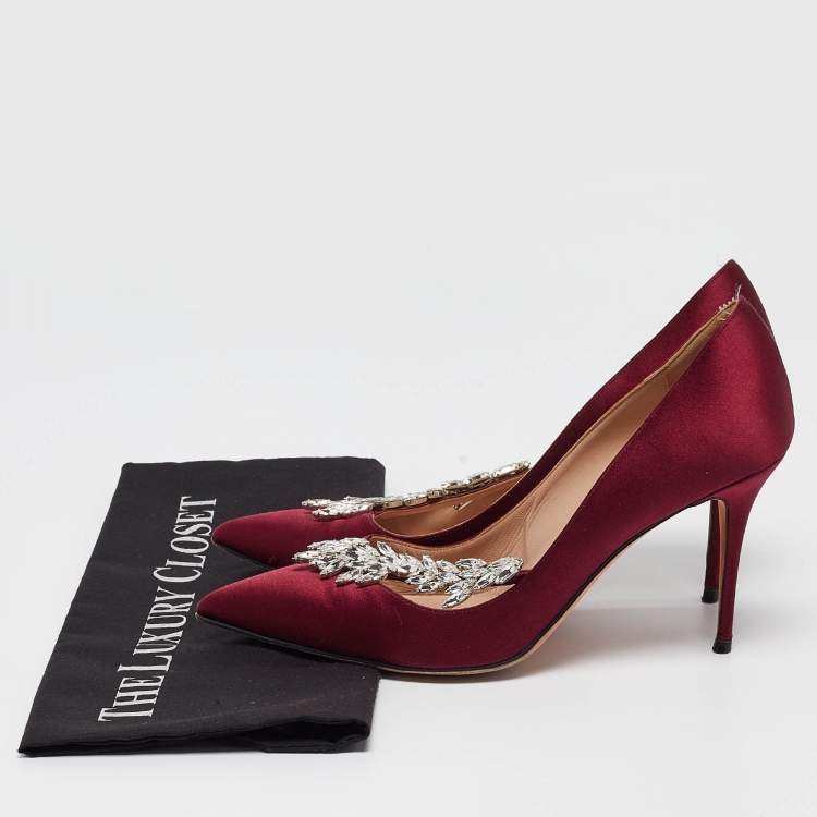 Pre Owned Manolo Blahnik Burgundy Satin Nadira Pumps Size 39