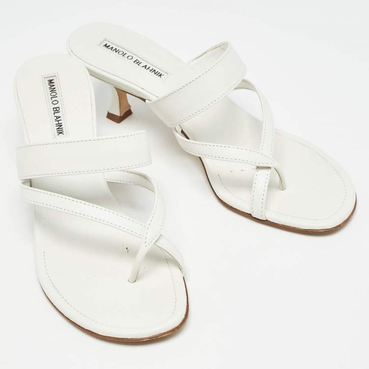 Pre Owned Manolo Blahnik White Leather Susa Slide Sandals Size 38