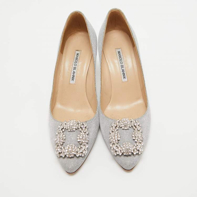 Pre Owned Manolo Blahnik Silver Glitter Hangisi Pumps Size 37.5