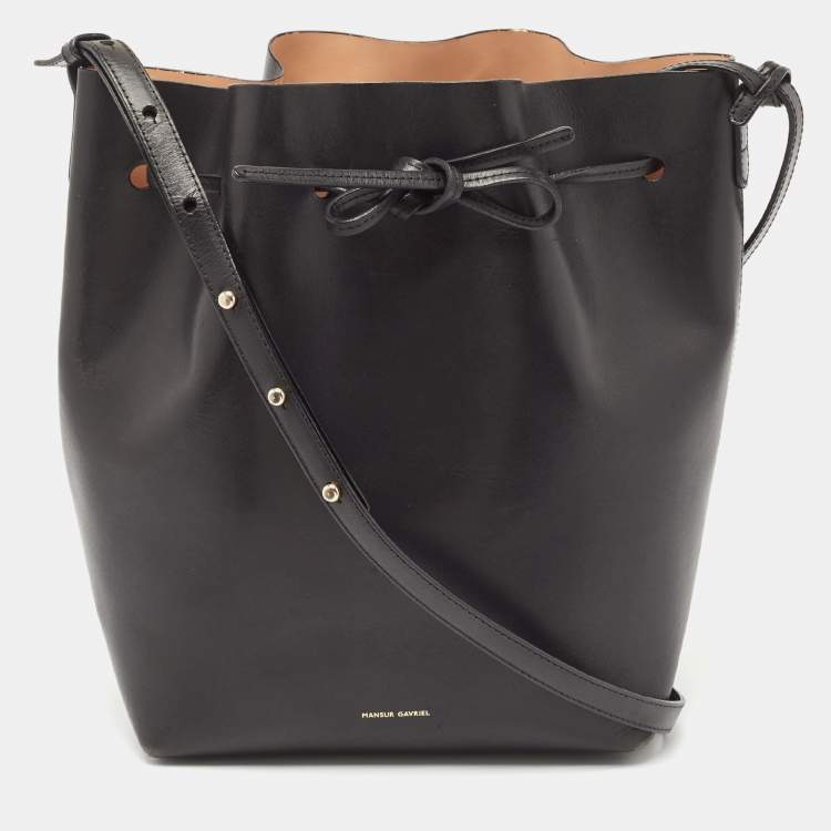 Pre Owned Mansur Gavriel Black Leather Large Drawstring Bucket Bag