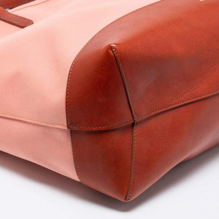 Pre Owned Mansur Gavriel Peach/Brown Canvas and Leather Large Tote