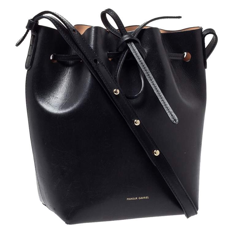Pre Owned Mansur Gavriel Black Leather Drawstring Bucket Bag 