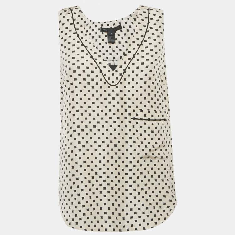 Pre Owned Marc By Marc Jacobs Pale Buff Printed Silk Sleeveless Top S