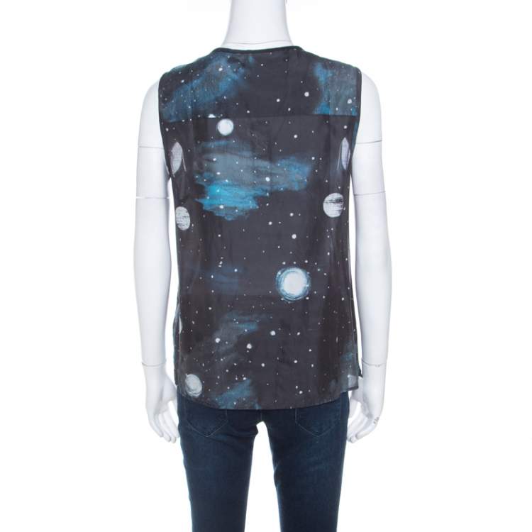 Pre Owned Marc by Marc Jacobs Black Stargazer Print Cotton Silk Ruffled Sleeveless Top S