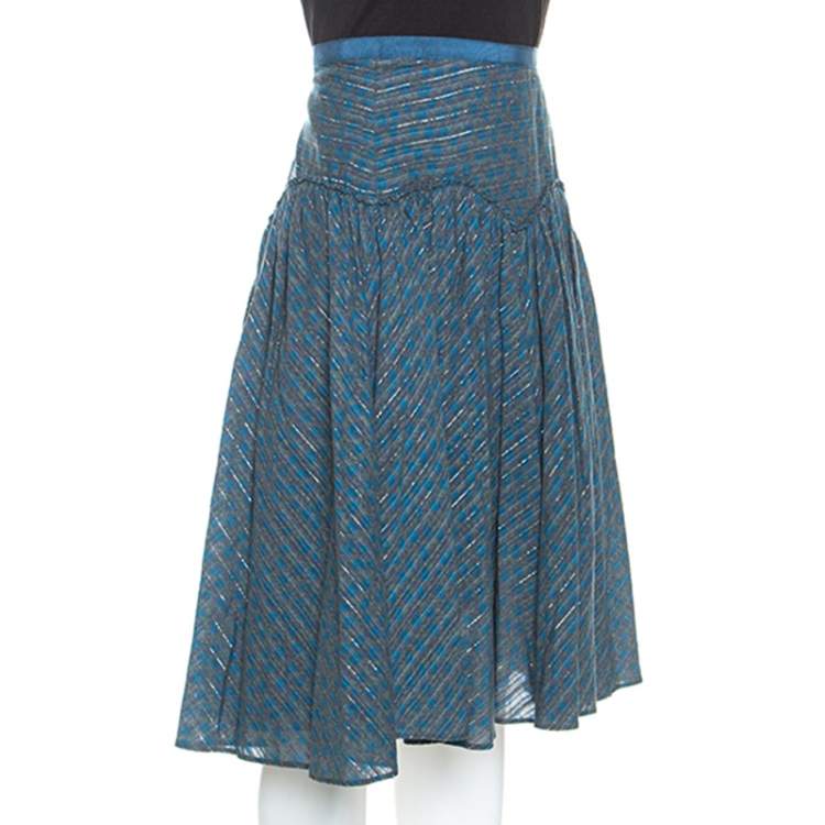 Pre Owned Marc Jacobs Blue Floral Printed Cotton Lurex Striped Midi Skirt M