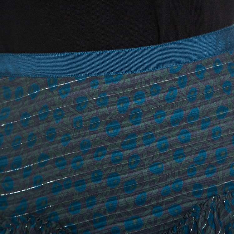 Pre Owned Marc Jacobs Blue Floral Printed Cotton Lurex Striped Midi Skirt M
