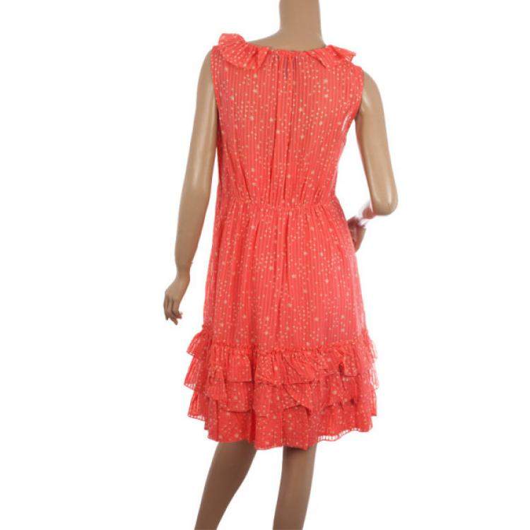 Pre Owned Marc by Marc Jacobs Brightest Coral Cosmo Print Cotton-Silk Ruffle Dress M