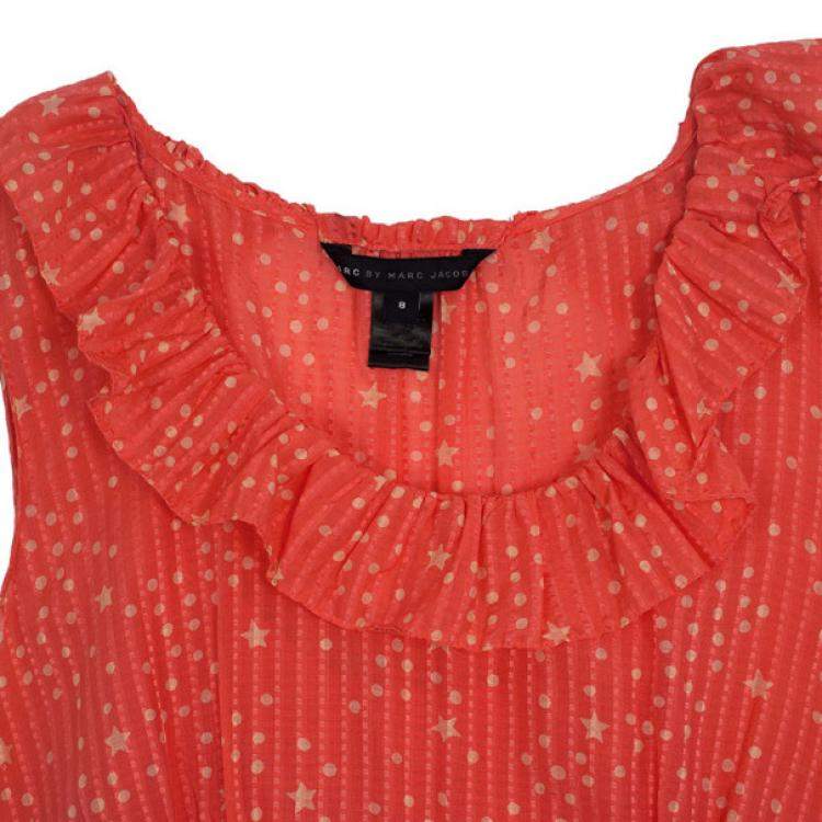 Pre Owned Marc by Marc Jacobs Brightest Coral Cosmo Print Cotton-Silk Ruffle Dress M