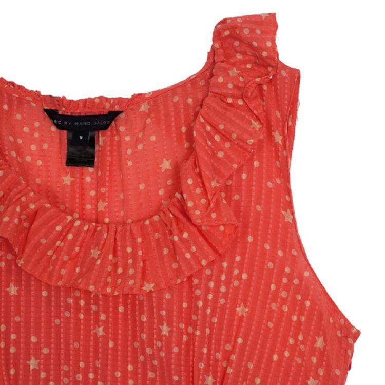 Pre Owned Marc by Marc Jacobs Brightest Coral Cosmo Print Cotton-Silk Ruffle Dress M