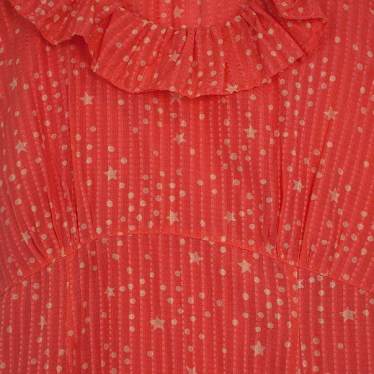 Pre Owned Marc by Marc Jacobs Brightest Coral Cosmo Print Cotton-Silk Ruffle Dress M