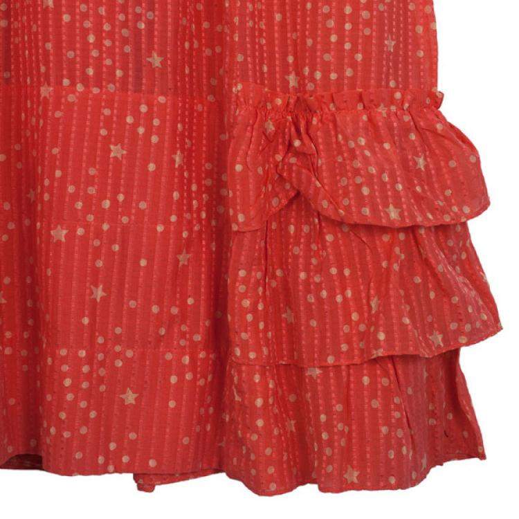 Pre Owned Marc by Marc Jacobs Brightest Coral Cosmo Print Cotton-Silk Ruffle Dress M