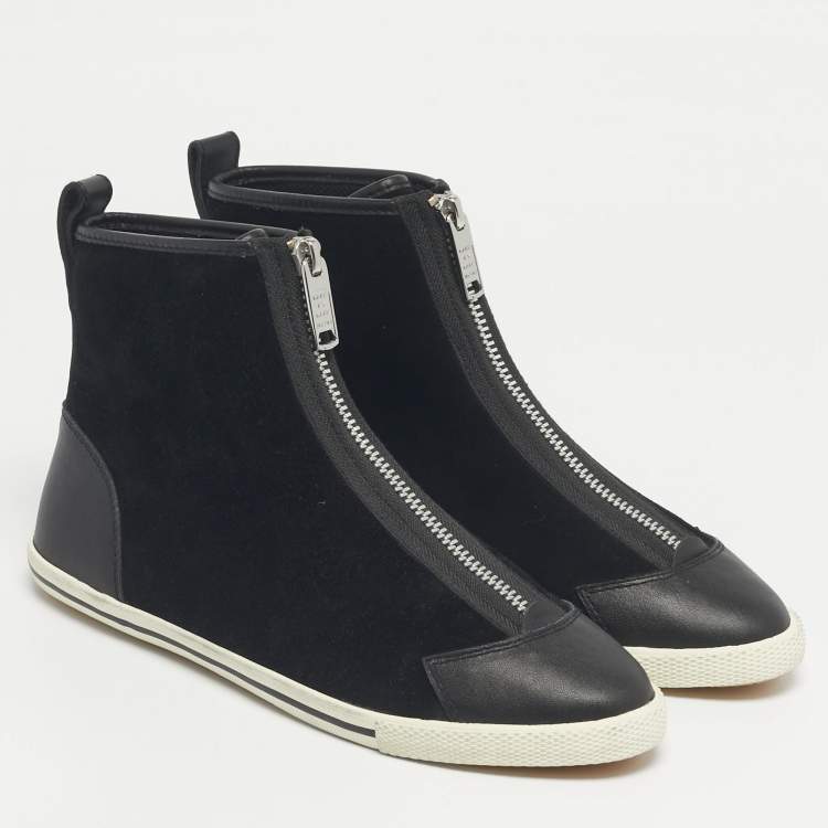 Pre Owned Marc by Marc Jacobs Black Leather and Suede Zip Front High Top Sneakers Size 37