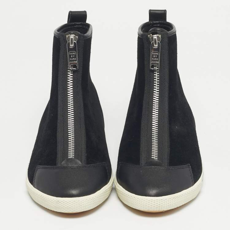 Pre Owned Marc by Marc Jacobs Black Leather and Suede Zip Front High Top Sneakers Size 37