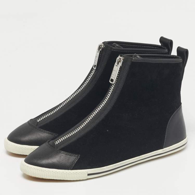 Pre Owned Marc by Marc Jacobs Black Leather and Suede Zip Front High Top Sneakers Size 37