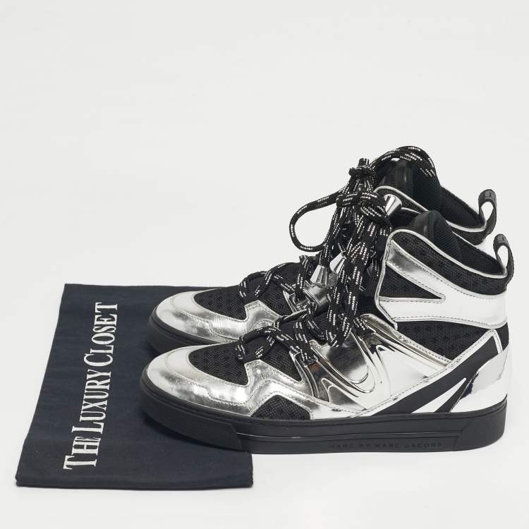 Pre Owned Marc by Marc Jacobs Silver/Black Leather and Fabric High Top Sneakers Size 36