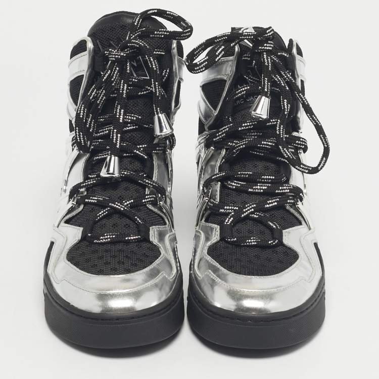 Pre Owned Marc by Marc Jacobs Silver/Black Leather and Fabric High Top Sneakers Size 36