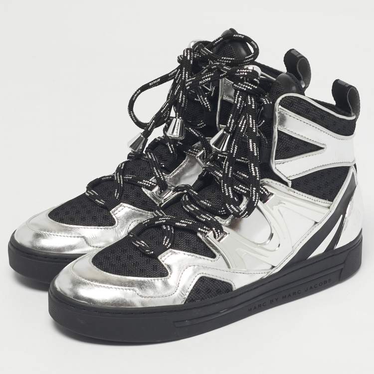 Pre Owned Marc by Marc Jacobs Silver/Black Leather and Fabric High Top Sneakers Size 36