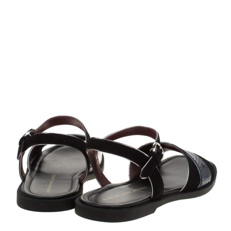 Pre Owned Marc by Marc Jacobs Black/Blue Embossed Snake Leather Jodie Flat Sandals Size 37