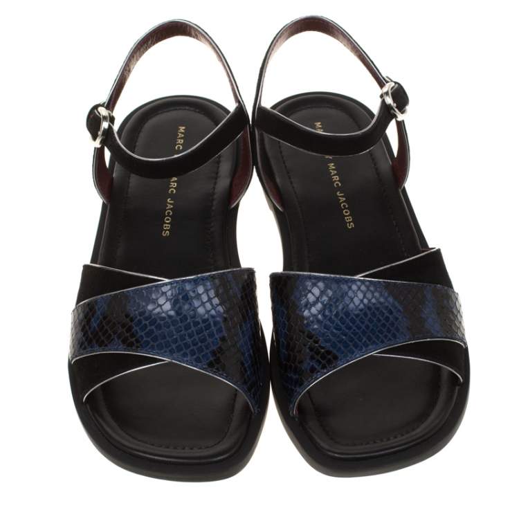 Pre Owned Marc by Marc Jacobs Black/Blue Embossed Snake Leather Jodie Flat Sandals Size 37