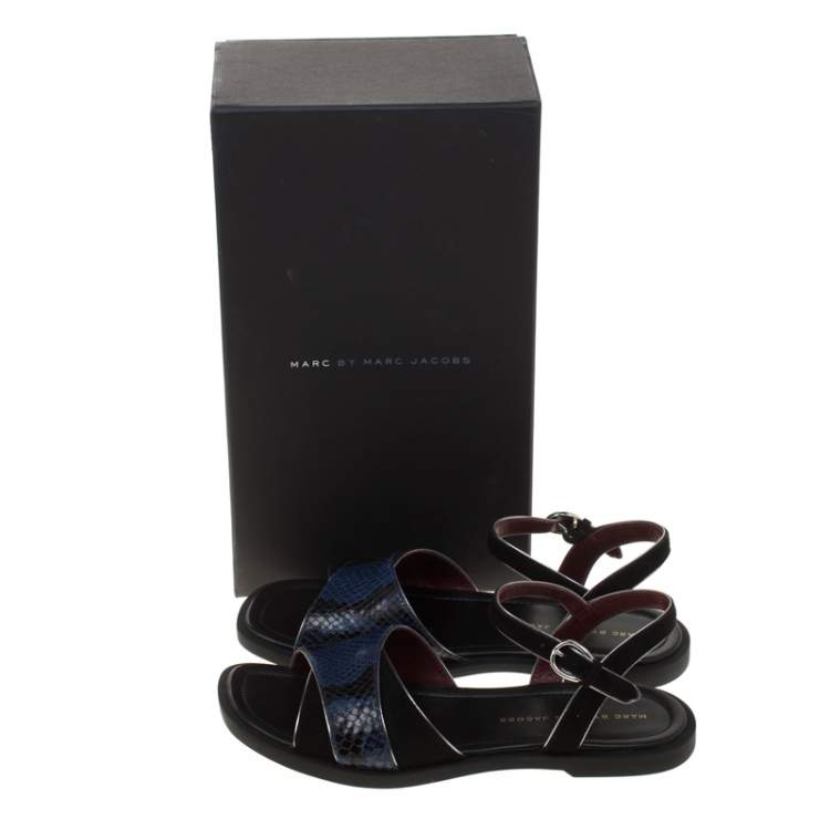 Pre Owned Marc by Marc Jacobs Black/Blue Embossed Snake Leather Jodie Flat Sandals Size 37