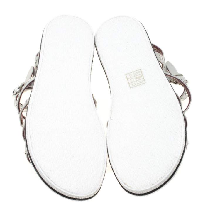 Pre Owned Marc by Marc Jacobs Metallic Silver Leather Gena Studded Ankle Strap Flat Sandals Size 36