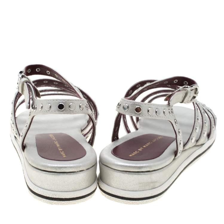 Pre Owned Marc by Marc Jacobs Metallic Silver Leather Gena Studded Ankle Strap Flat Sandals Size 36