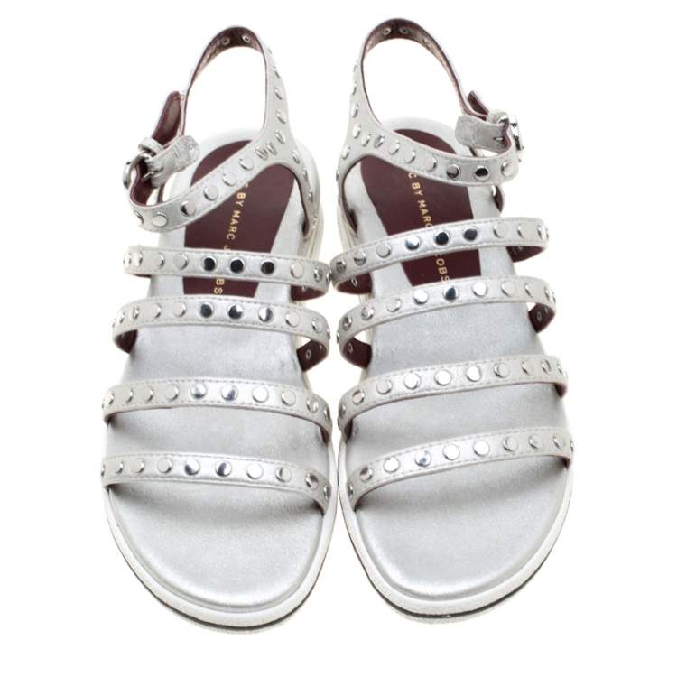 Pre Owned Marc by Marc Jacobs Metallic Silver Leather Gena Studded Ankle Strap Flat Sandals Size 36