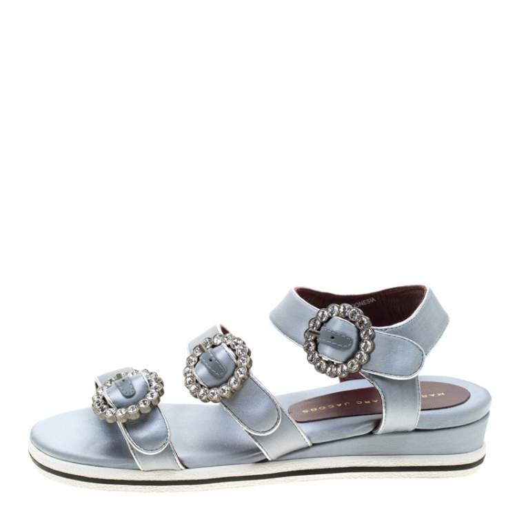 Pre Owned Marc By Marc Jacobs Grey Satin Crystal Embellished Buckle Flat Strappy Sandals Size 36